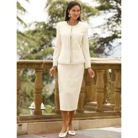Sumptuous, texture rich brocade fabric and elegant embellishments add such richness and glam to the classic silhouette of this refined three piece suit. Collarless 24 jacket with sparkly stone trim features pockets, a hidden front closure. slimming princess seams, and long sleeves. Full tank. 32 skirt has a side elastic waist and a back closure. 100 polyester. Dry clean. Imported.