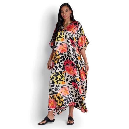 Wild Floral Print Silky Long Caftan by EY Signature
