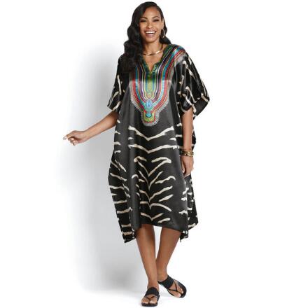 Fine Lines Print Silky Short Caftan by EY Signature