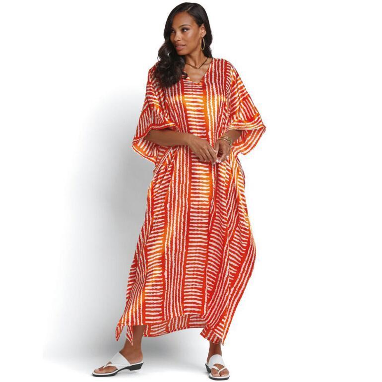 White Lines Print Silky Long Caftan by EY Signature